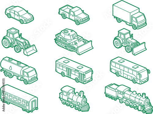 Isometric green line transportation vehicles set with cars trucks buses tractors trains and construction machinery vector illustration collection