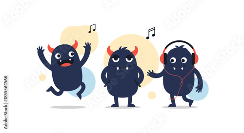 Set of three cute dark blue monsters with horns jumping, standing still, and listening to music on red headphones.