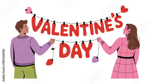 Valentine's Day Couple : A loving couple hangs a Valentine's Day banner, symbolizing love, romance, and shared affection, with hearts in an image of romantic togetherness.