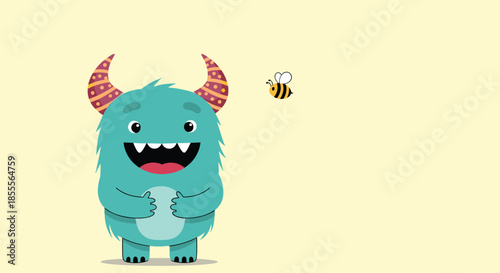 Cute and friendly turquoise monster with colorful patterned horns smiling happily as a small bumblebee flies by on a yellow background.