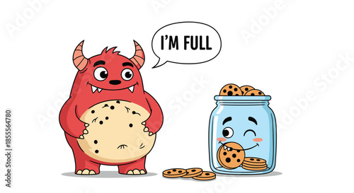 Funny cartoon illustration of a red monster with a full belly of cookies saying I'm Full next to a cute, winking cookie jar.