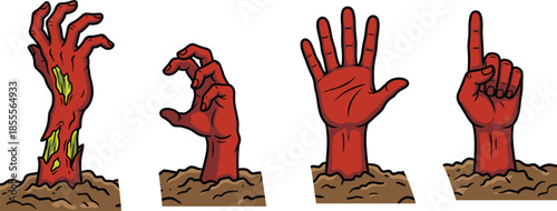 Zombie hands rising from ground, horror undead illustration set, spooky Halloween apocalypse concept, creepy monster vector graphic design