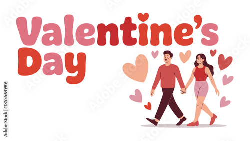 Valentine's Day: A Couple's Romantic Stroll: a lovely illustration capturing a romantic stroll between a couple. This scene captures the spirit of togetherness, romance, and love on Valentine's Day. 