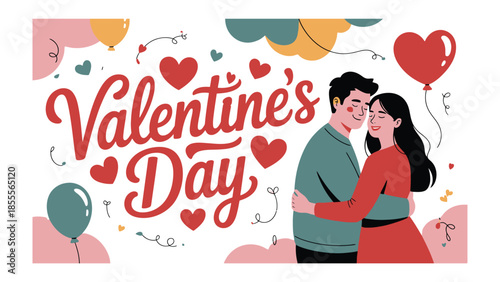 Valentine's Day Couple in Embrace: A heartwarming depiction of a loving couple embraces, surrounded by heart balloons and a cheerful display of love and affection.