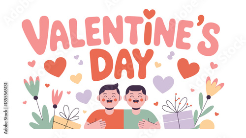 Heartfelt Valentine's Day: An illustration depicts a heartwarming scene of two individuals embracing, surrounded by cheerful hearts and gifts, all under the vibrant message of Valentine's Day.