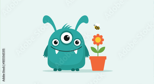 Adorable three-eyed teal monster with bunny-like ears smiling at a potted flower as a small bee flies nearby on a light background.