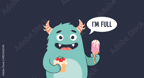Funny cartoon monster saying I'm Full while holding both an ice cream cone and a sundae, showing a love for sweet desserts.