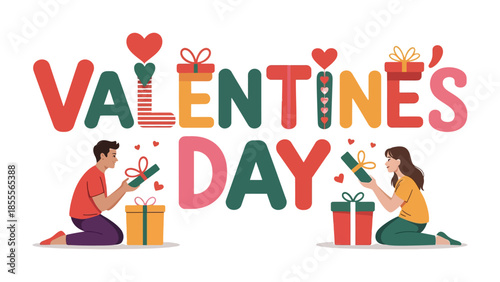Valentine's Day gifts of love: A heartwarming depiction of Valentine's Day. Two people exchange wrapped gifts, their hearts filled with affection.