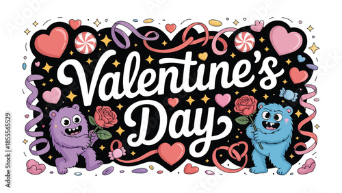 Valentine's Day Greeting: Expressing love and affection with vibrant graphics and playful elements. The image features hearts, candies, and adorable characters to celebrate love and friendship.