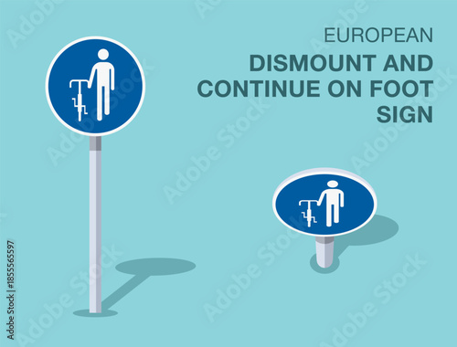 Traffic regulation rules. Isolated european "dismount and continue on foot" road sign. Front and top view. Flat vector illustration template.