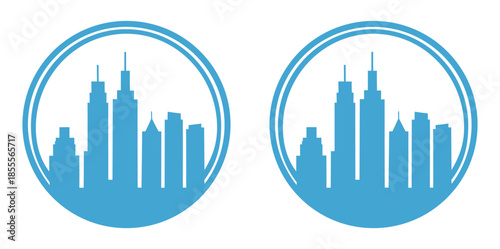 City skyline silhouette icons in circular badges featuring skyscrapers for urban development real estate architectural design & metropolitan branding
