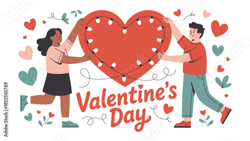 Valentine's Day Illustration: A charming Valentine's Day illustration depicts a romantic scene. A couple is holding heart-shaped decor with warm love and sharing.