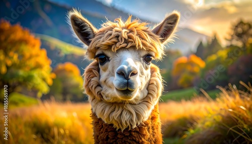 Portrait of a beautiful Alpaca in a scenic, golden autumn landscape setting