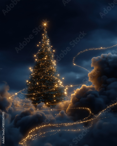 Glittering evergreen rises from fluffy clouds wrapped by swirling luminous garlands.