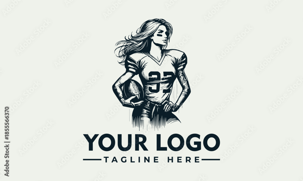 Obraz premium A muscular woman in a rugby jersey holding a ball with a logo and tagline on a clean background, vector illustration with bold lines.