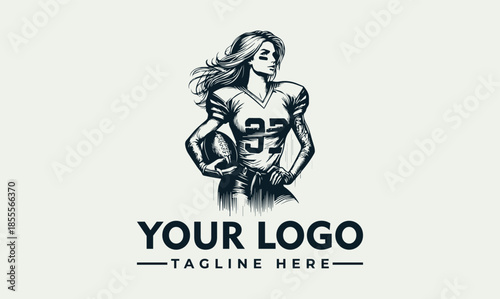 A muscular woman in a rugby jersey holding a ball with a logo and tagline on a clean background, vector illustration with bold lines.