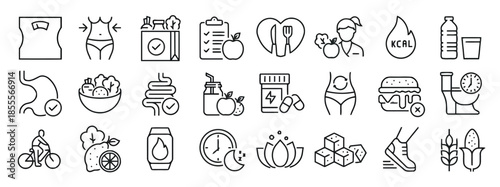 Collection of Health and Diet Icons on White Background Vector Set Scale Waist Measurement Shopping Bag Clipboard Apple Heart Vegetables Doctor Calorie Drink Water Burger Toilet and More