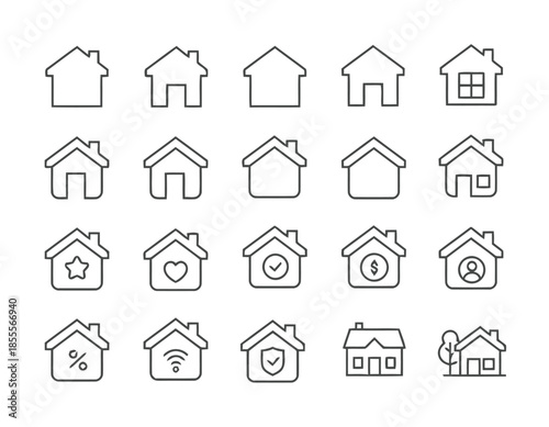 Collection of House Icons Symbolizes Real Estate, Home Ownership, Residential Buildings, and Property for Housing and Investment