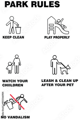 Park rules and regulations sign illustrating cleanliness, child supervision, and pet care guidelines in a public park setting