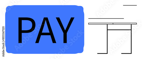 Online transactions, financial technology, digital payment systems, e-commerce, cashless services, payment solutions. A blue PAY button with minimalistic lines and abstract design elements. Online