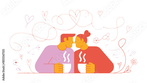 Love's Brew: A tender moment of a couple sharing their mutual affection and warmth, each person embraces in the aroma of their warm coffee cups, entwined by flowing lines of affection.