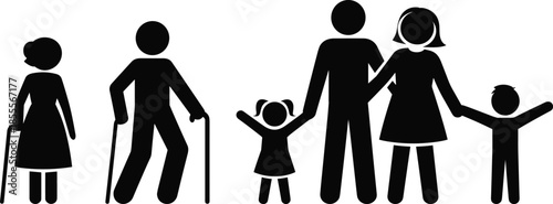 Black Silhouette Icons Representing Different Ages Of A Family On White Background people