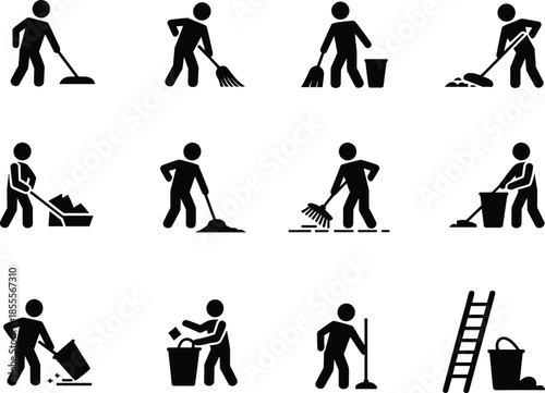 Cleaning icons showing people with brooms mops buckets and trash cans sweep wash