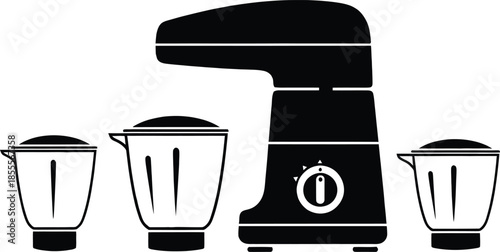 Modern electric mixer grinder with three stainless steel jars set icon for kitchen appliance and food processor equipment silhouette vector illustration on a white background.