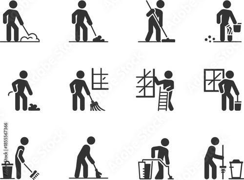Cleaning service icons showing people sweeping mopping and washing windows vector illustration
