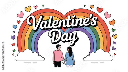 Valentine's Day Rainbow and Hearts: A colorful illustration captures the spirit of Valentine's Day, featuring a vibrant rainbow arching over a couple and surrounded by hearts.