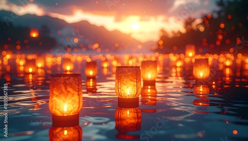 Glowing lanterns float on serene water under a warm sunset, mountains silhouetted in the distance, creating a tranquil scene