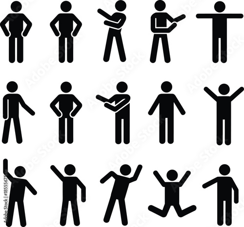 Collection of diverse stick figure poses and actions people standing