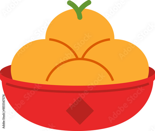Flat Design Mandarin Orange in Red Bowl for Chinese New Year Celebration Illustration