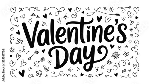 Valentine's Day Doodle: A whimsical illustration with the words Valentine's Day is adorned with a collection of hearts, arrows, and floral motifs, all rendered in an elegant doodle style.