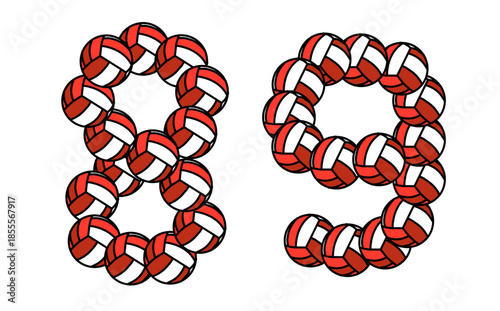 Volleyball number set 8 and 9 designed with interwoven ball elements, suitable for sports posters, ranking visuals, scoreboard graphics, and bold athletic typography