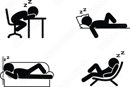 Four Stick Figure Icons Illustrating Sleep in Various Poses and Settings sleeping napping