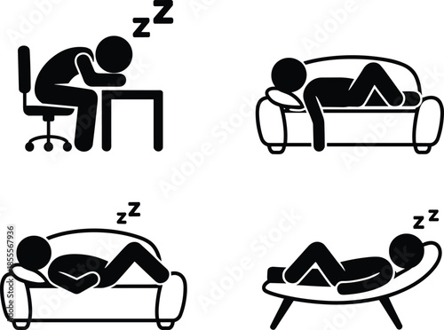 Four Stick Figure Icons Depicting People Sleeping in Different Poses and Locations napping tired