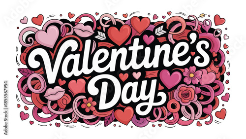 Valentine's Day Hearts and Kisses: A whimsical and romantic graphic design celebrating Valentine's Day. It features various heart shapes, flowers and kisses. This is perfect to convey love, affection.