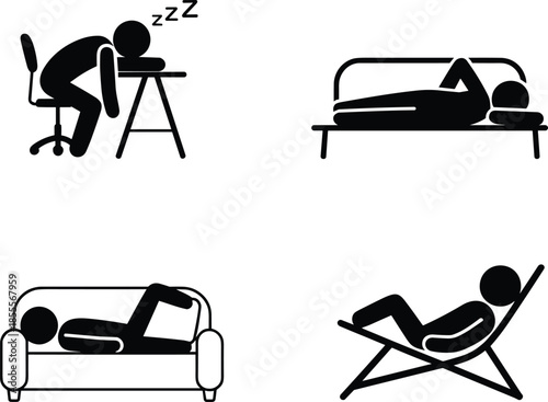 Four Stick Figure Icons Showing People Sleeping in Different Poses and Environments napping tired