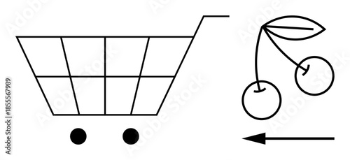 Shopping theme. Shopping cart, cherries, and arrow illustrate consumer choices in groceries and retail shopping. Shopping connects fresh food, market , and retail activity. Concept topics commerce
