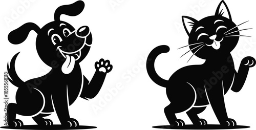 Happy black cartoon dog and cat waving paws on white background puppy kitten