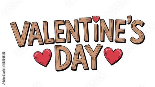 Valentine's Day Greeting: a heartwarming visual that's perfect for conveying affection. The wooden letters exude a rustic charm, while the strategically placed red hearts add a playful touch. 