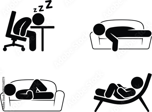 Icons depicting people sleeping on a desk couch and lounge chair tired exhaustion