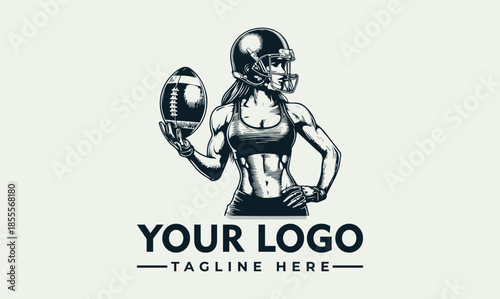 Vector illustration of a strong woman wearing a rugby helmet holding a rugby ball with a placeholder logo and tagline on a plain background.