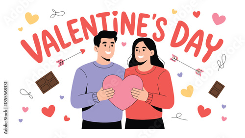 Valentine's Day Couple in Love: A couple, embracing the spirit of love and affection, come together on Valentine's Day. Presenting hearts and arrows, symbolizing the celebration of love.