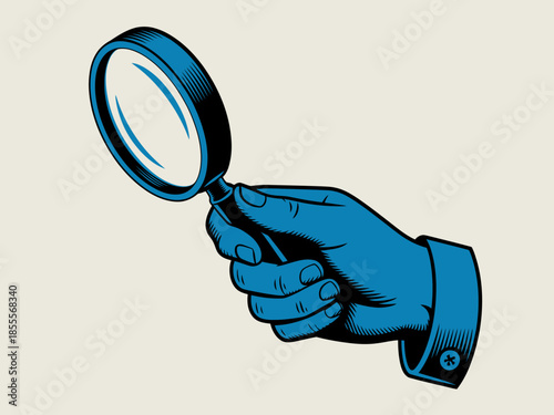 Hand holding a magnifying glass illustration.