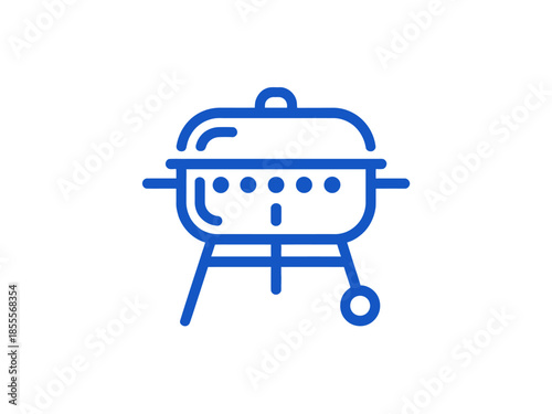 Simple blue line drawing of a barbecue grill with lid and wheels.