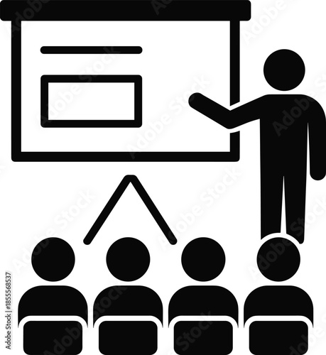 Presenter pointing at a whiteboard with an audience of stick figures presentation teaching