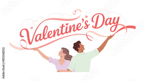 Valentine's Day Couple in Love: A tender moment as a couple holds a ribbon above the words Valentine's Day. This image radiates affection and the joy of shared love on a special day.