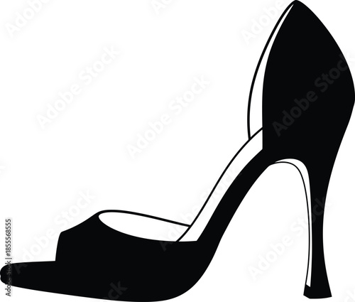Elegant womens high heel dorsay pump shoe silhouette icon with peep toe design for fashion branding and commercial footwear projects isolated on white.